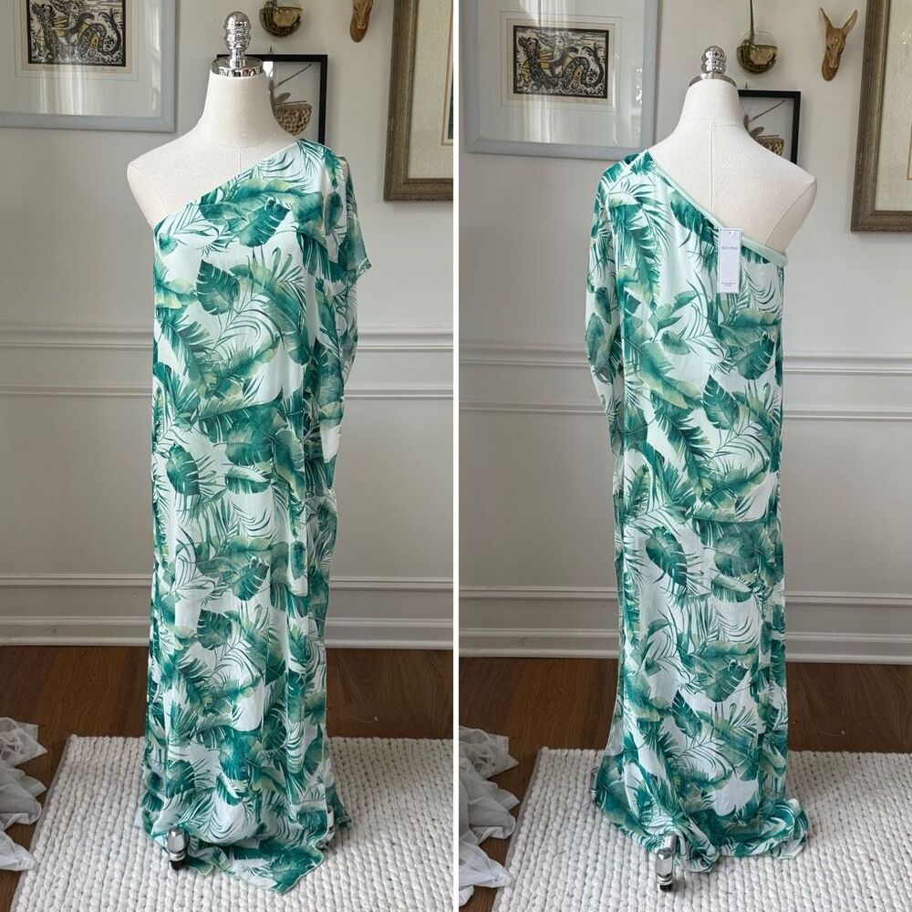NWT Aura Women's Sleeveless Flutter Side Chiffon Maxi Dress Green Frond Print $1